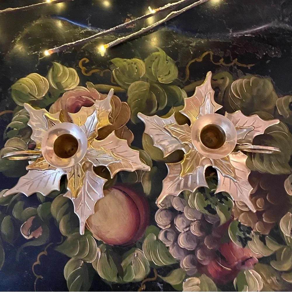 Vintage Brass Christmas Poinsettia Candle Holders 2 Set MCM Cottagecore Floral